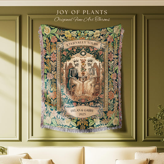 Whimsical Skeleton Lovers Woven Tapestry | Personalized Couple Name Tapestry Custom Gothic Wedding Keepsake for Partner Floral Til Death |