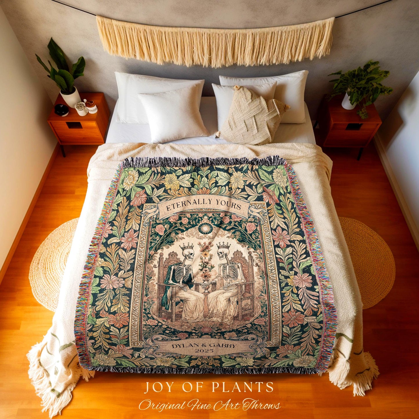 Whimsical Skeleton Lovers Woven Tapestry | Personalized Couple Name Tapestry Custom Gothic Wedding Keepsake for Partner Floral Til Death |