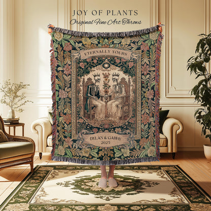 Whimsical Skeleton Lovers Woven Tapestry | Personalized Couple Name Tapestry Custom Gothic Wedding Keepsake for Partner Floral Til Death |