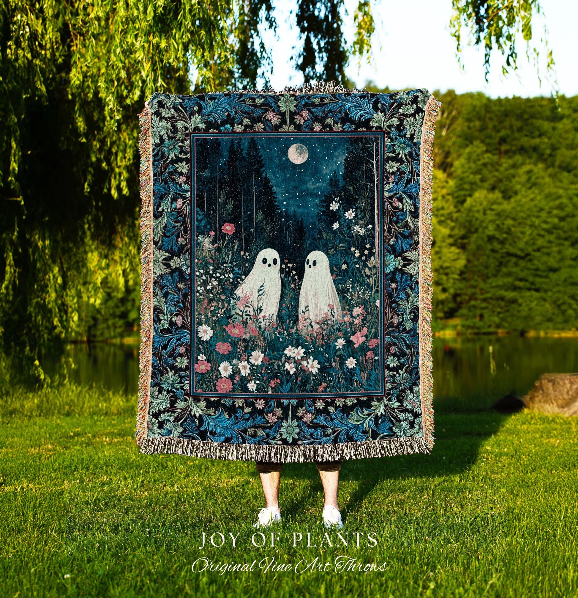Moody Midnight Blue Ghosts Blanket | Woven Cottagecore Halloween Throw Floral Ghost Tapestry Cozy Fall Gothic Home Decor Moonlit Forest Art
