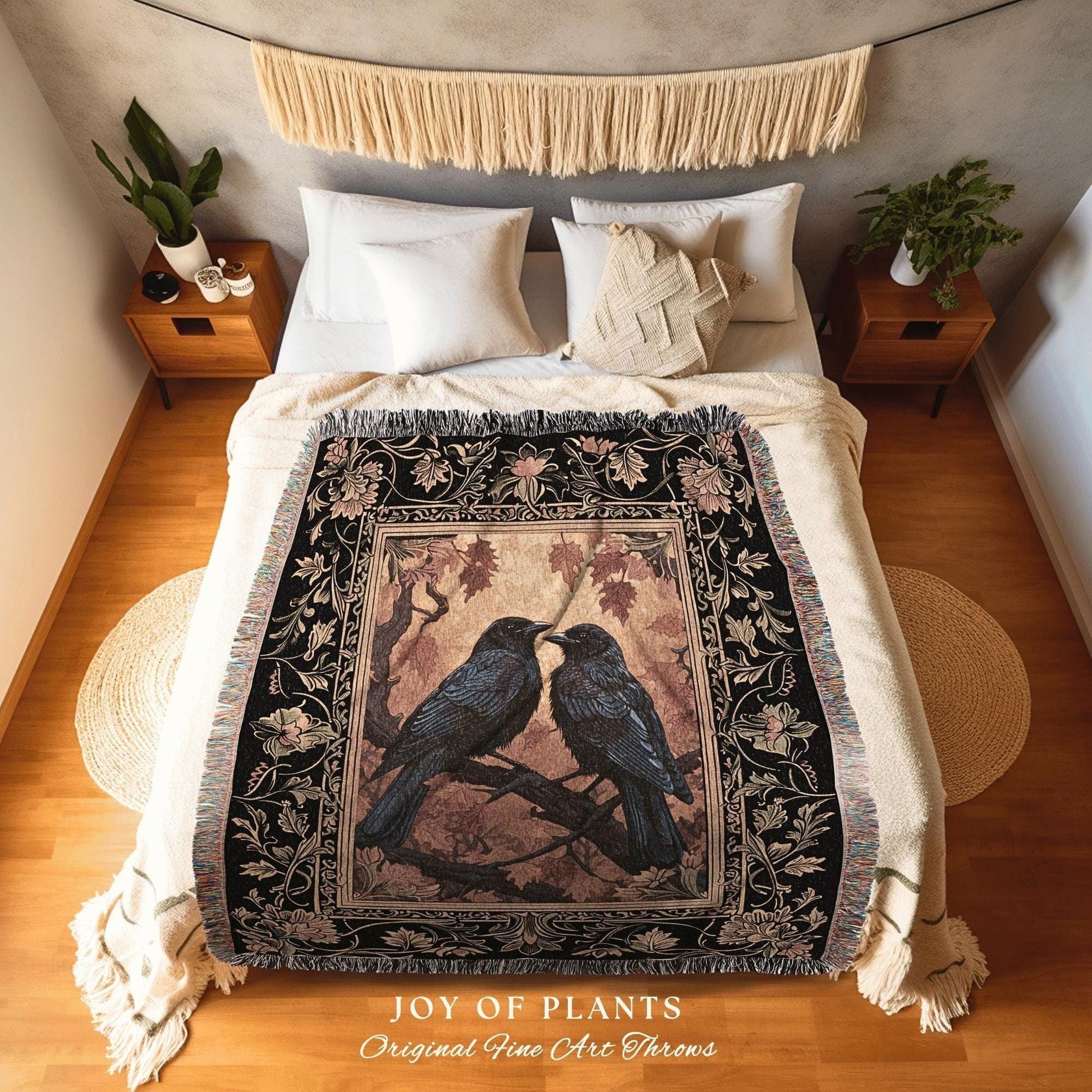 Raven Aesthetic Decor Gothic Tapestry Woven | Crow Wall Art Blanket Woven Wall Hanging | Woodland Aesthetic Halloween Gothic Crow Blanket |