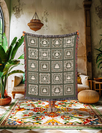 Sage Green Ghost Accent Blanket Cozy | Pastel Gothic Ghost Whimsical Throw Blanket Book Nook Bedroom Decor Retro Fall Vibe Housewarming Gift