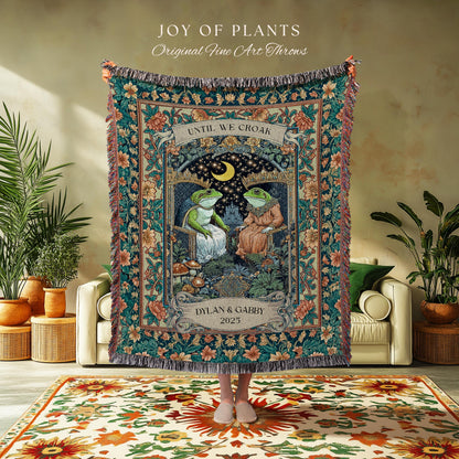 Moonlit Royal Frog Lovers Cozy Blanket | Crowned Toad Couple Woven Throw Custom Anniversary Tapestry Personalized Dating Gift for Partner |