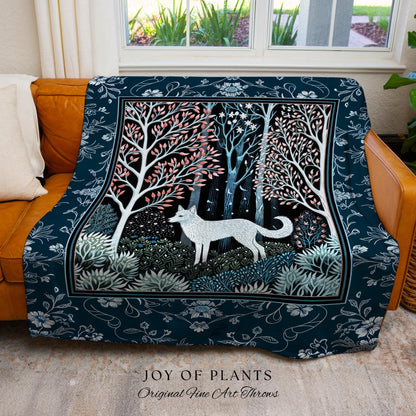 Earthy Colors Woodland Wolf Blanket | Bohemian Aesthetic Playful Pastel Nursery Tapestry Whimsical Forest Scandinavian Folklore Fairytale |