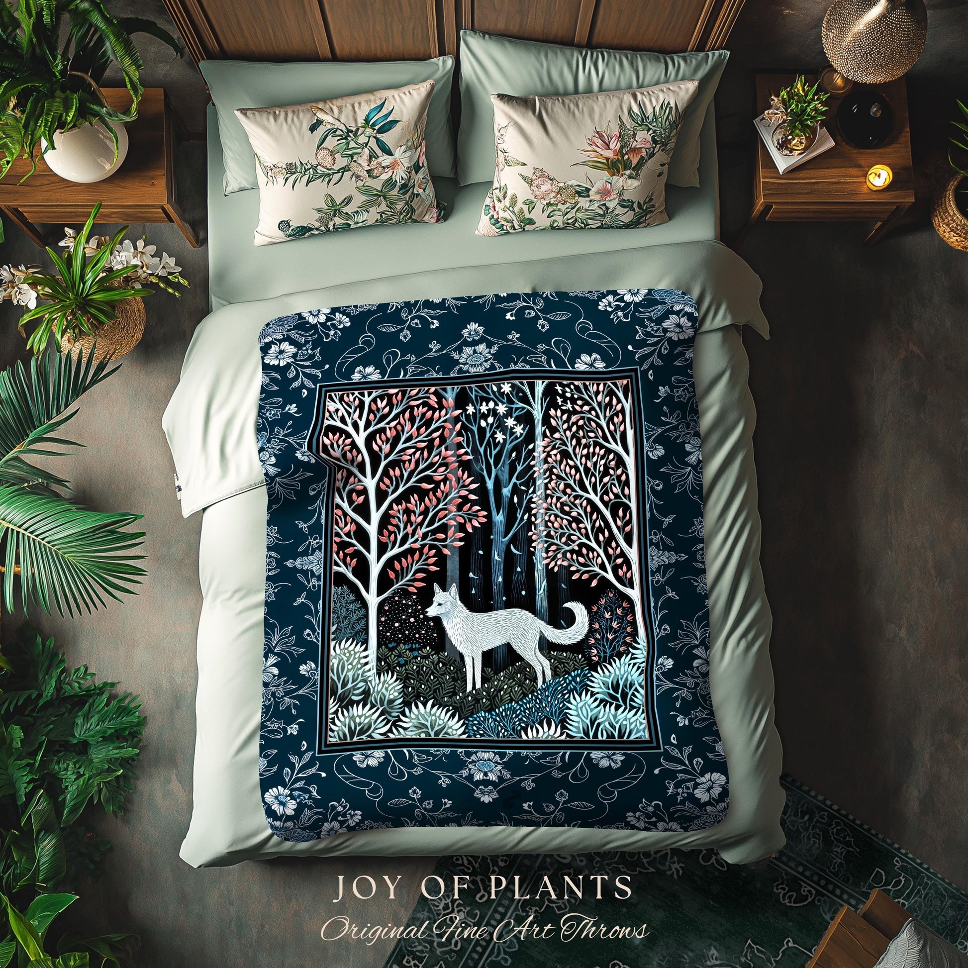 Earthy Colors Woodland Wolf Blanket | Bohemian Aesthetic Playful Pastel Nursery Tapestry Whimsical Forest Scandinavian Folklore Fairytale |