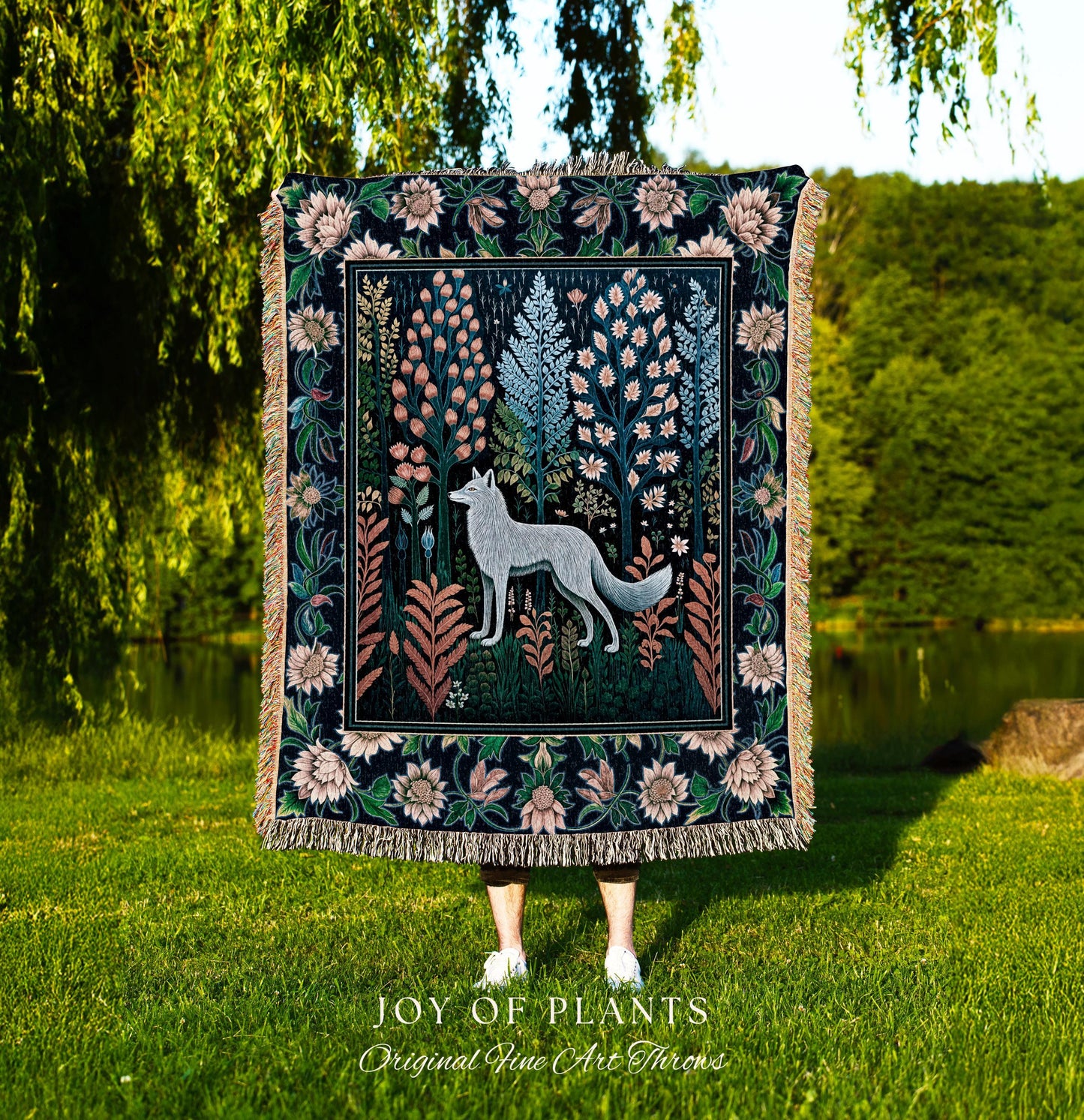 Floral Woodland Cozy Boho Blanket | Cabincore Indie Aesthetic Folklore Cute Wolf Nursery Fairytale Danish Pastel Cottagecore Whimsical |