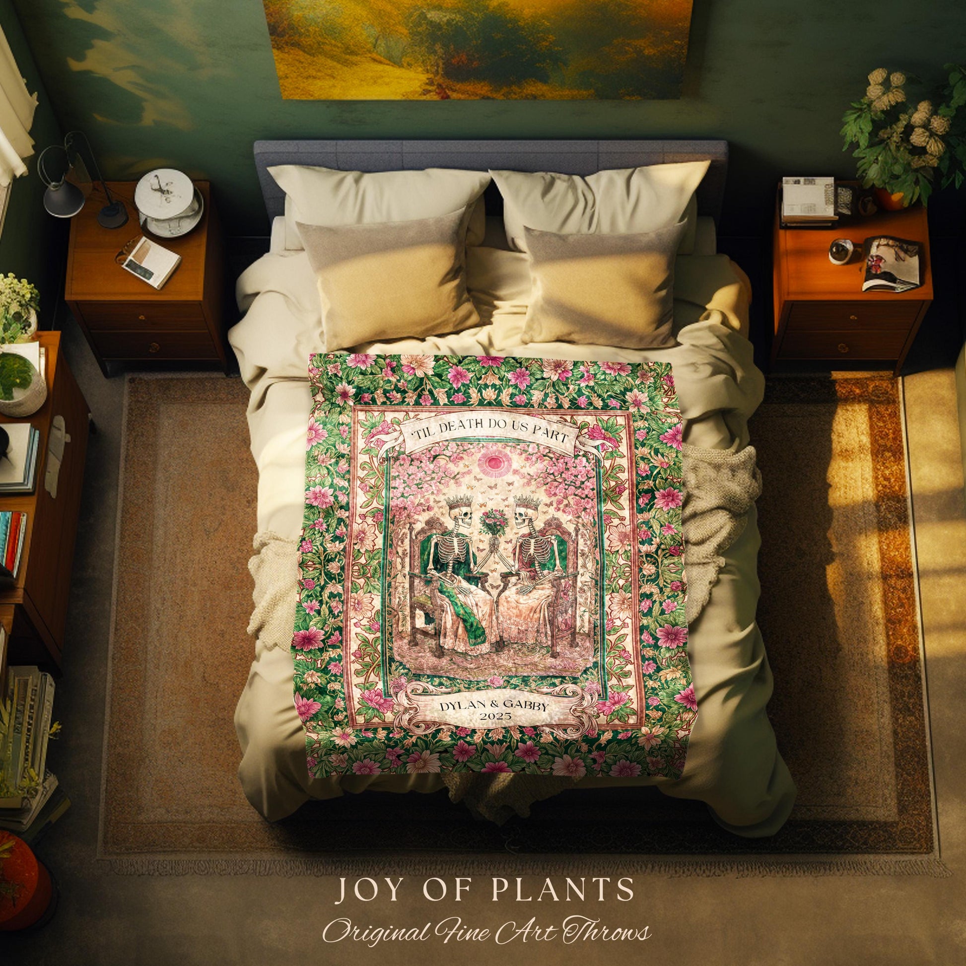 Botanical Gothic Custom Skeleton Blanket | Personalized Anniversary Gift for Wife Witchy Wedding Throw Spooky Couple Tapestry with Names
