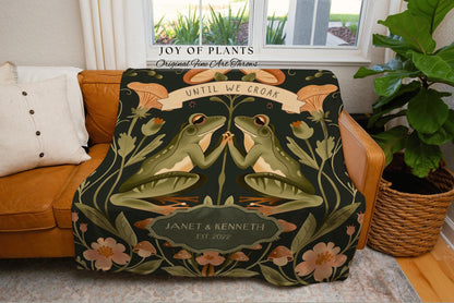 Until we Croak Frog Couple Custom Blanket | Cottagecore Toad Aesthetic Woven Throw Blanket Personalized Anniversary Gift Woodland Tapestry |