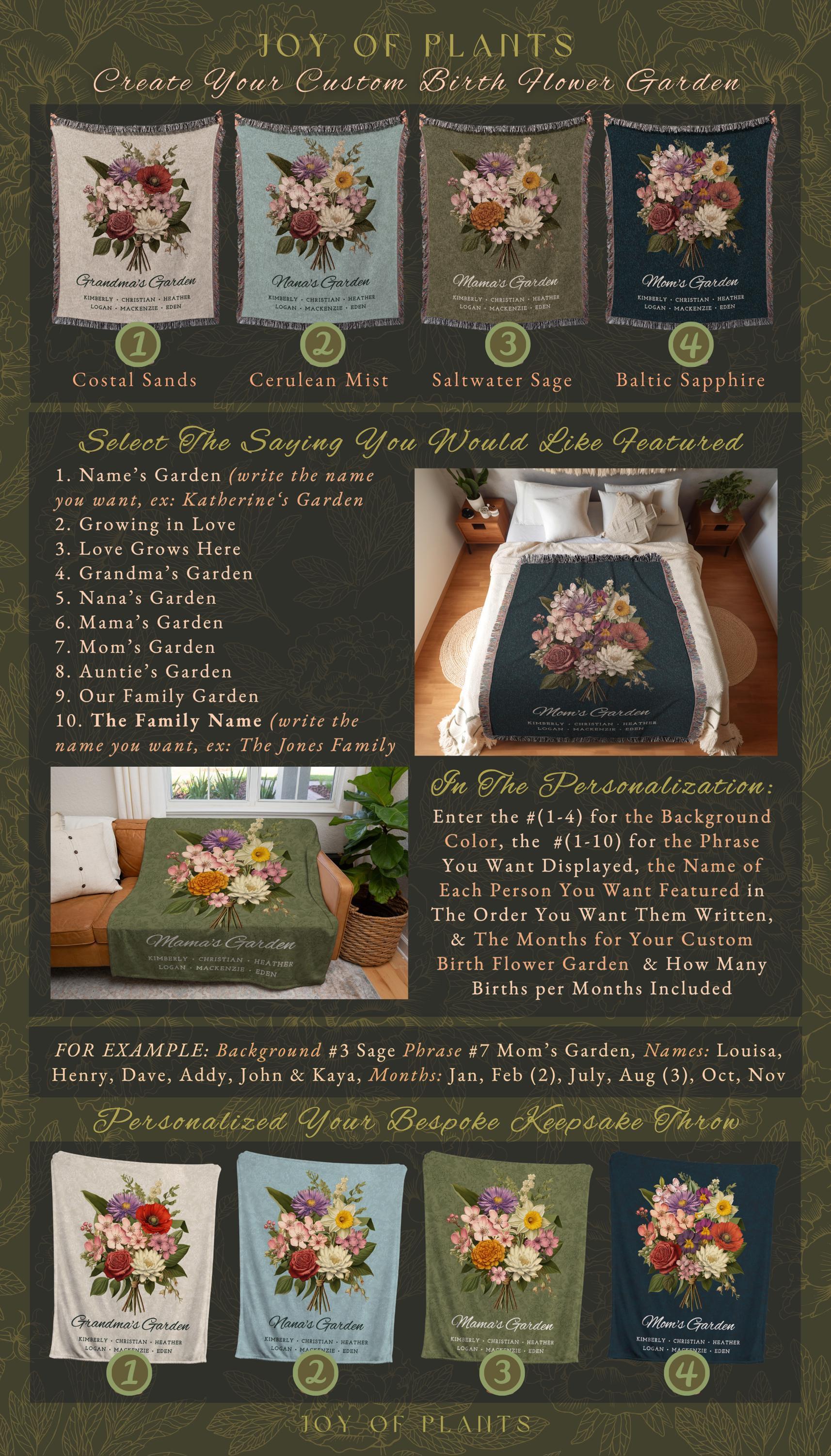 Vintage Birth Flower Bouquet Custom Family Blanket Personalized Birth Month Flower Bouquet Family Name Blanket Mom Keepsake Gift from Family