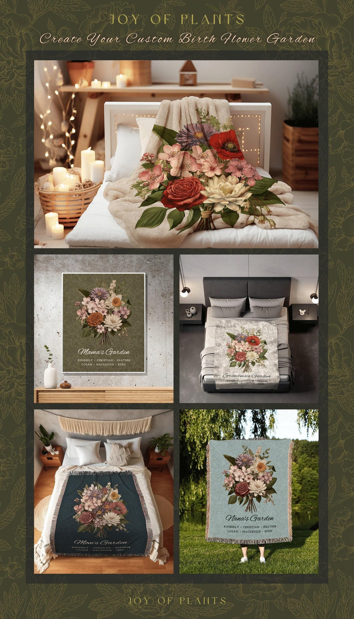 Vintage Birth Flower Bouquet Custom Family Blanket Personalized Birth Month Flower Bouquet Family Name Blanket Mom Keepsake Gift from Family