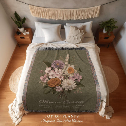 Vintage Birth Flower Bouquet Custom Family Blanket Personalized Birth Month Flower Bouquet Family Name Blanket Mom Keepsake Gift from Family