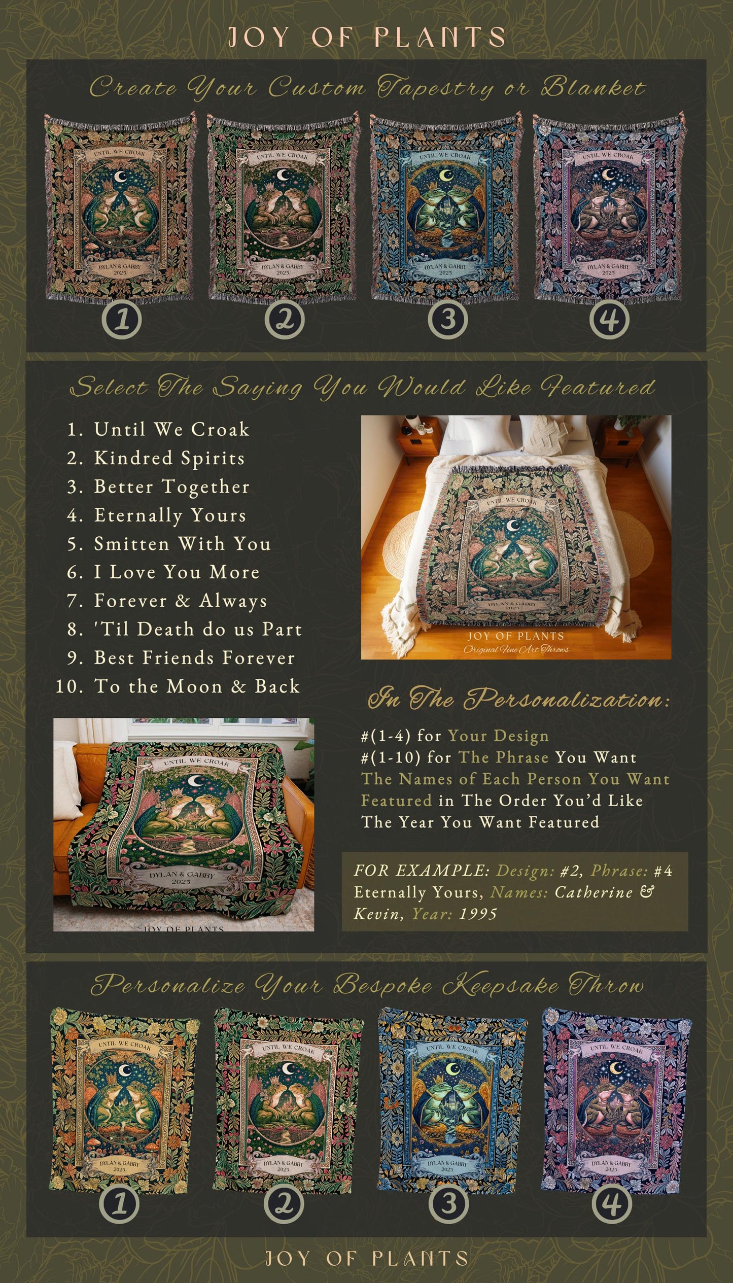 Royal Toad Lovers Personalized Blanket, Custom Name Frog Couple Gift Woven Throw Romantic Celestial Anniversary Tapestry Whimsical Keepsake