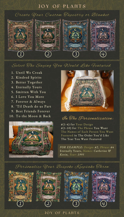 Royal Toad Lovers Personalized Blanket, Custom Name Frog Couple Gift Woven Throw Romantic Celestial Anniversary Tapestry Whimsical Keepsake