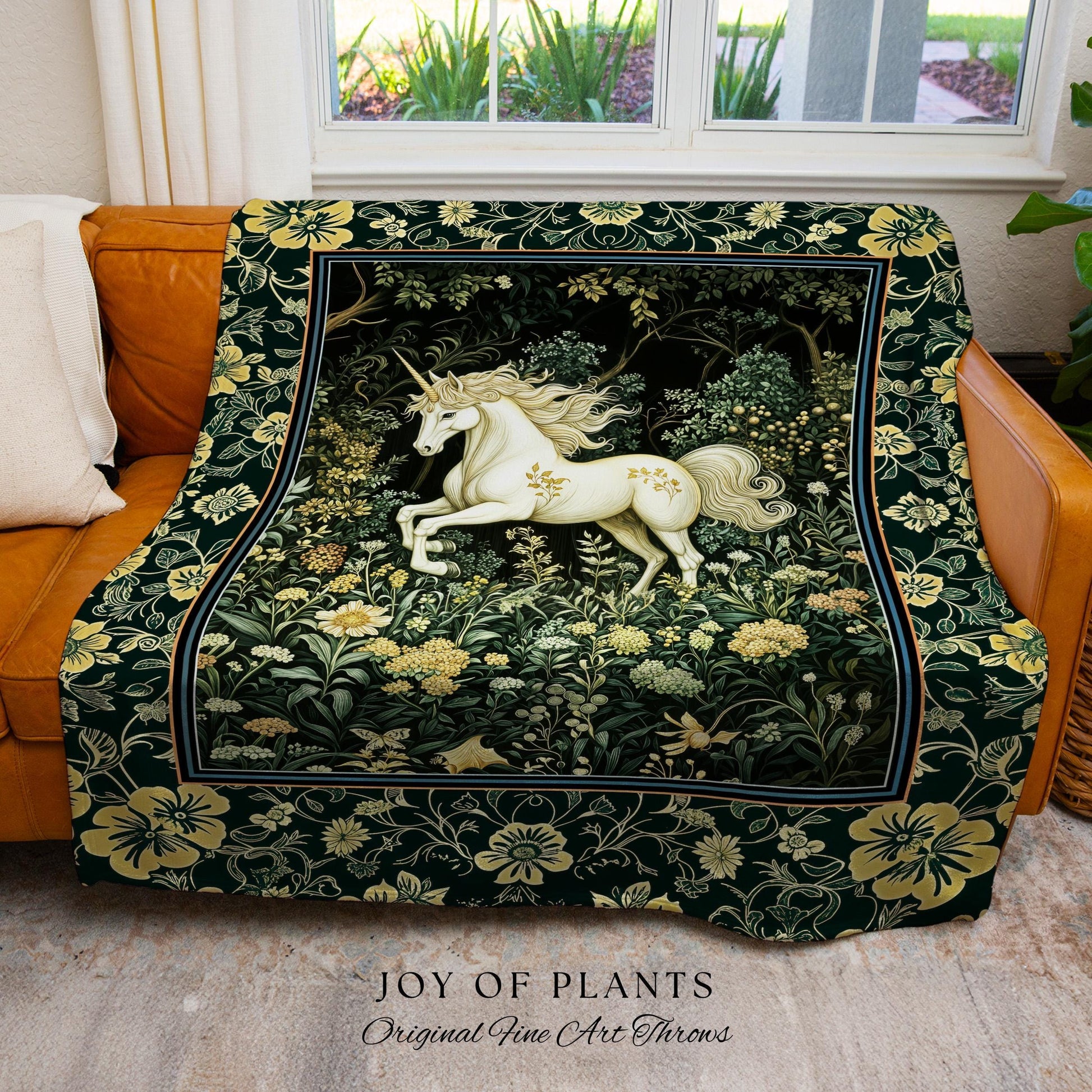 Earthy Ethereal Unicorn Throw Blanket | Whimsical Nature Fairytale Magic Medieval Woven Tapestry Woodland Aesthetic Storybook Nostalgic |
