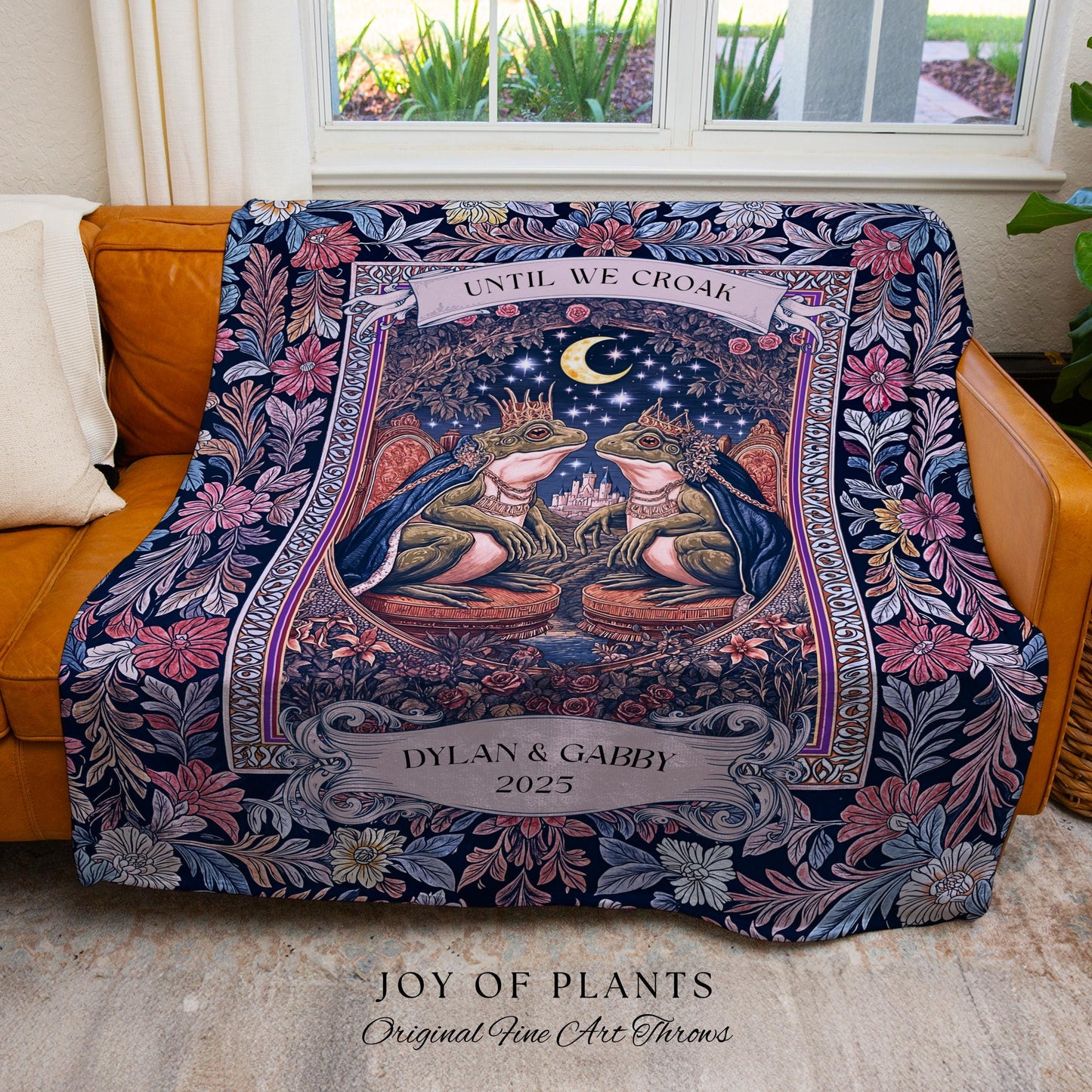 Royal Toad Lovers Personalized Blanket, Custom Name Frog Couple Gift Woven Throw Romantic Celestial Anniversary Tapestry Whimsical Keepsake