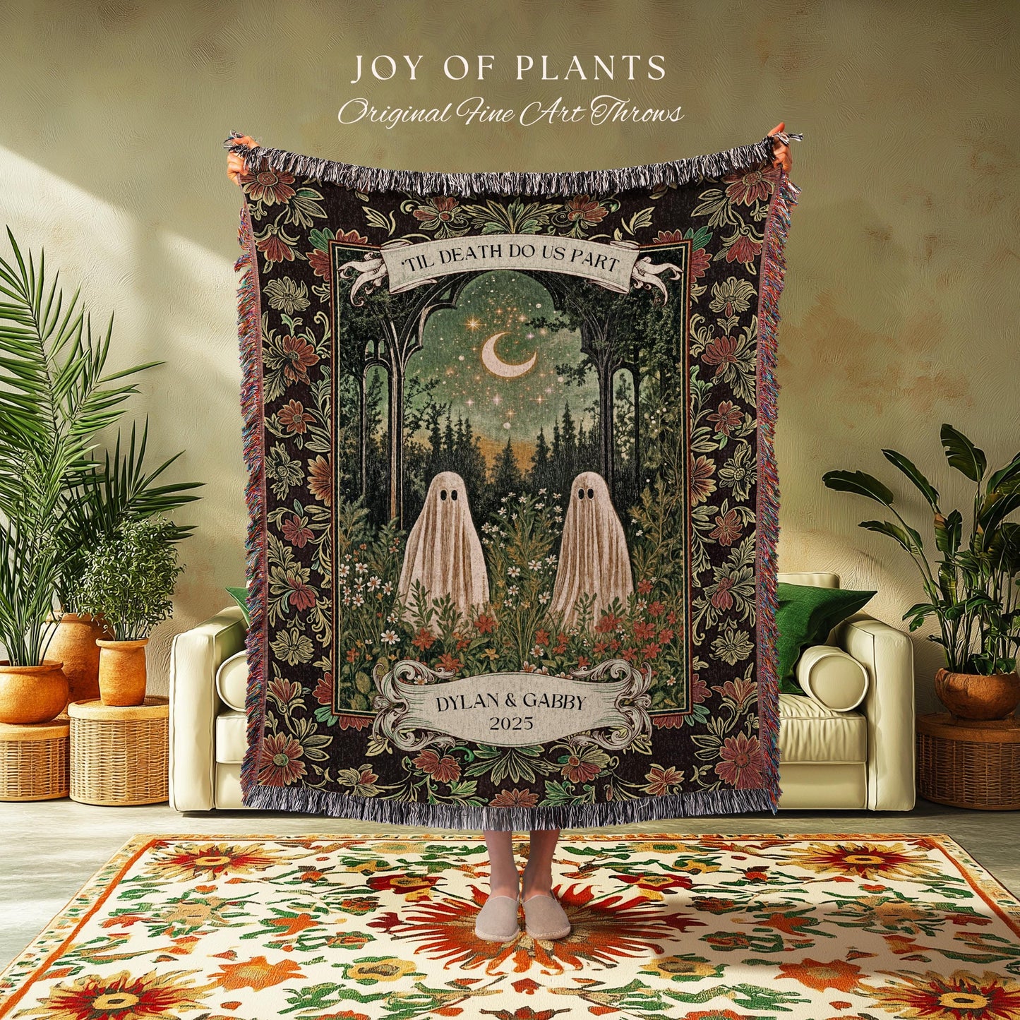 Personalized Ghost Couple Garden Gothic Blanket | Cottagecore Halloween Wedding Crescent Moon Forest Spirits Custom Mystical Style Witchy |