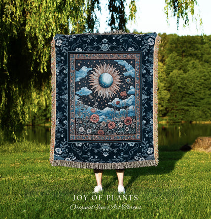 Retro Astrology Throw Blanket | Whimsigothic Bedroom Maximalist Hippie Bedroom Floral Woven Tapestry Psychedelic Cottagecore Ethereal Bed |