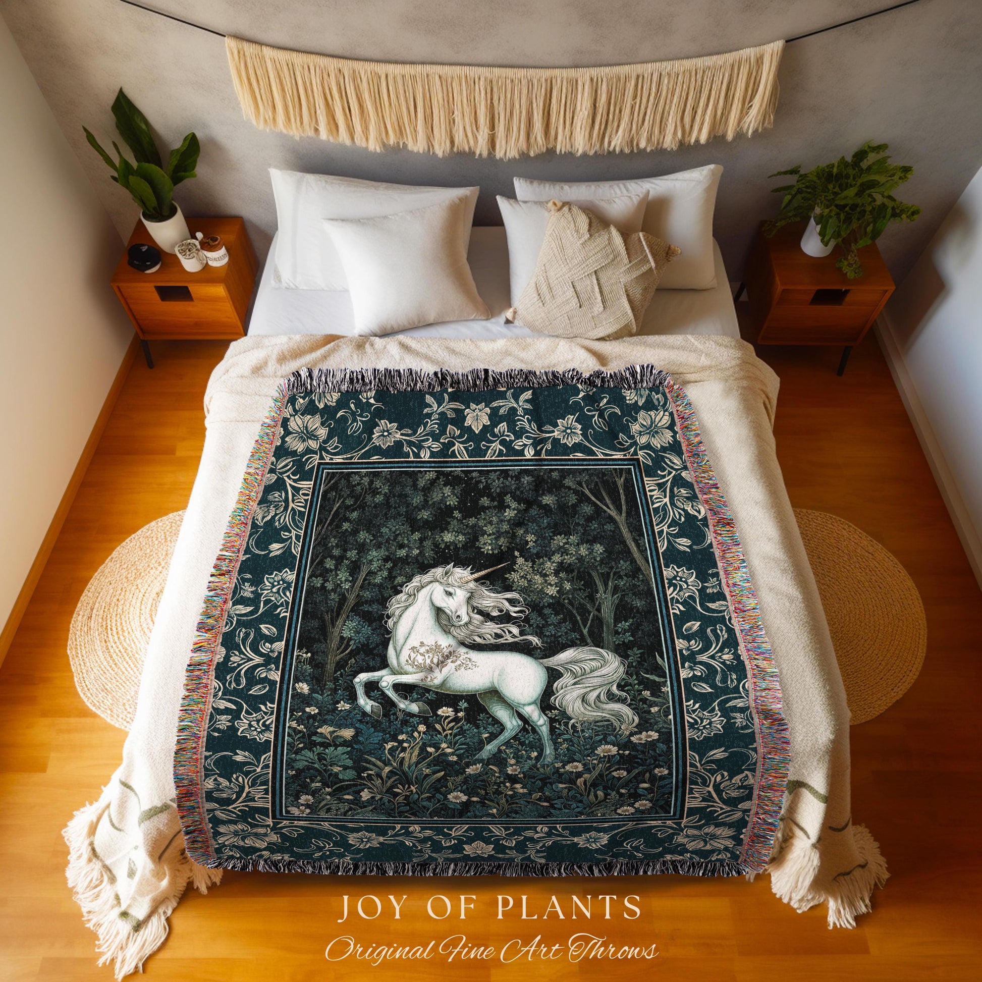 Enchanted Meadow Unicorn Coverlet | Victorian Fairycore Whimsical Ethereal Woven Throw Blanket Medieval Woodland Fairytale Rustic Tapestry |