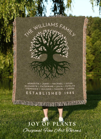 May include: A green family throw blanket with a tree design and the text "THE WILLIAMS FAMILY". The blanket includes names and the year "ESTABLISHED 1982". The bottom reads "JOY OF PLANTS".