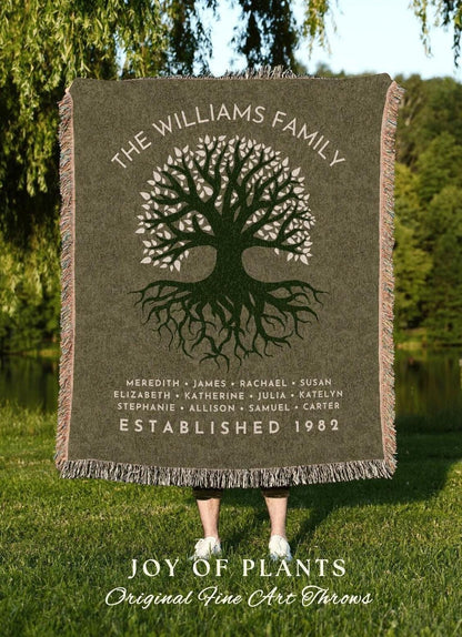 May include: A green family throw blanket with a tree design and the text "THE WILLIAMS FAMILY". The blanket includes names and the year "ESTABLISHED 1982". The bottom reads "JOY OF PLANTS".