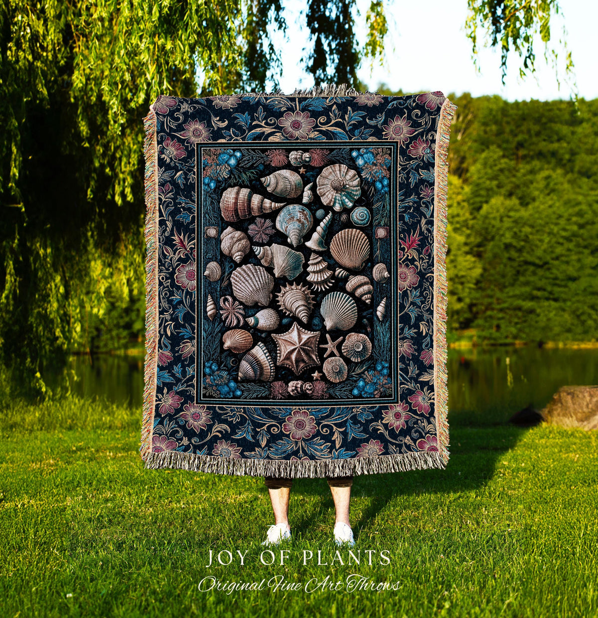Colorful Nautical Aesthetic Throw Blanket | Ocean Inspired Lake Home Accent Seashell Woven Wall Tapestry Summer Beach Aesthetic Mermaidcore