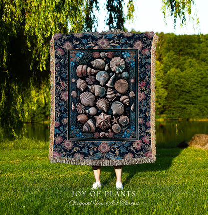 Colorful Nautical Aesthetic Throw Blanket | Ocean Inspired Lake Home Accent Seashell Woven Wall Tapestry Summer Beach Aesthetic Mermaidcore