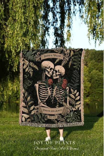 Skeleton Lovers Personalized Blanket | Gothic Wedding Custom Blanket Woven Tapestry Spooky Wedding Personalized Anniversary Gift For Goths |