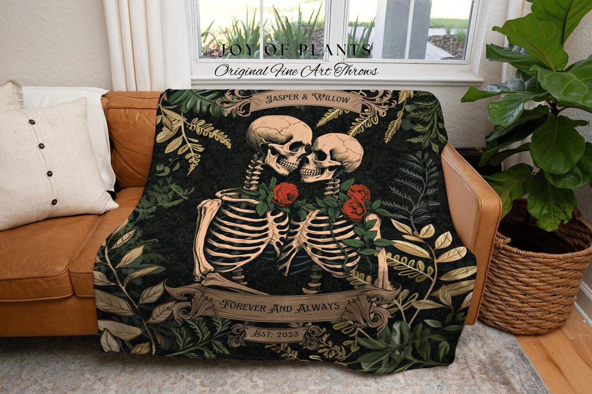 Skeleton Lovers Personalized Blanket | Gothic Wedding Custom Blanket Woven Tapestry Spooky Wedding Personalized Anniversary Gift For Goths |