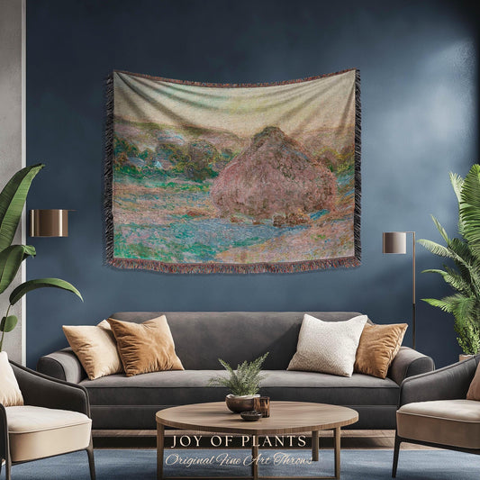 Haystacks Tapestry Monet Fine Art Blanket | Rustic Countryside Charm Muted Earth Tones Aesthetic Home Decor And Thoughtful Art Lover Gift
