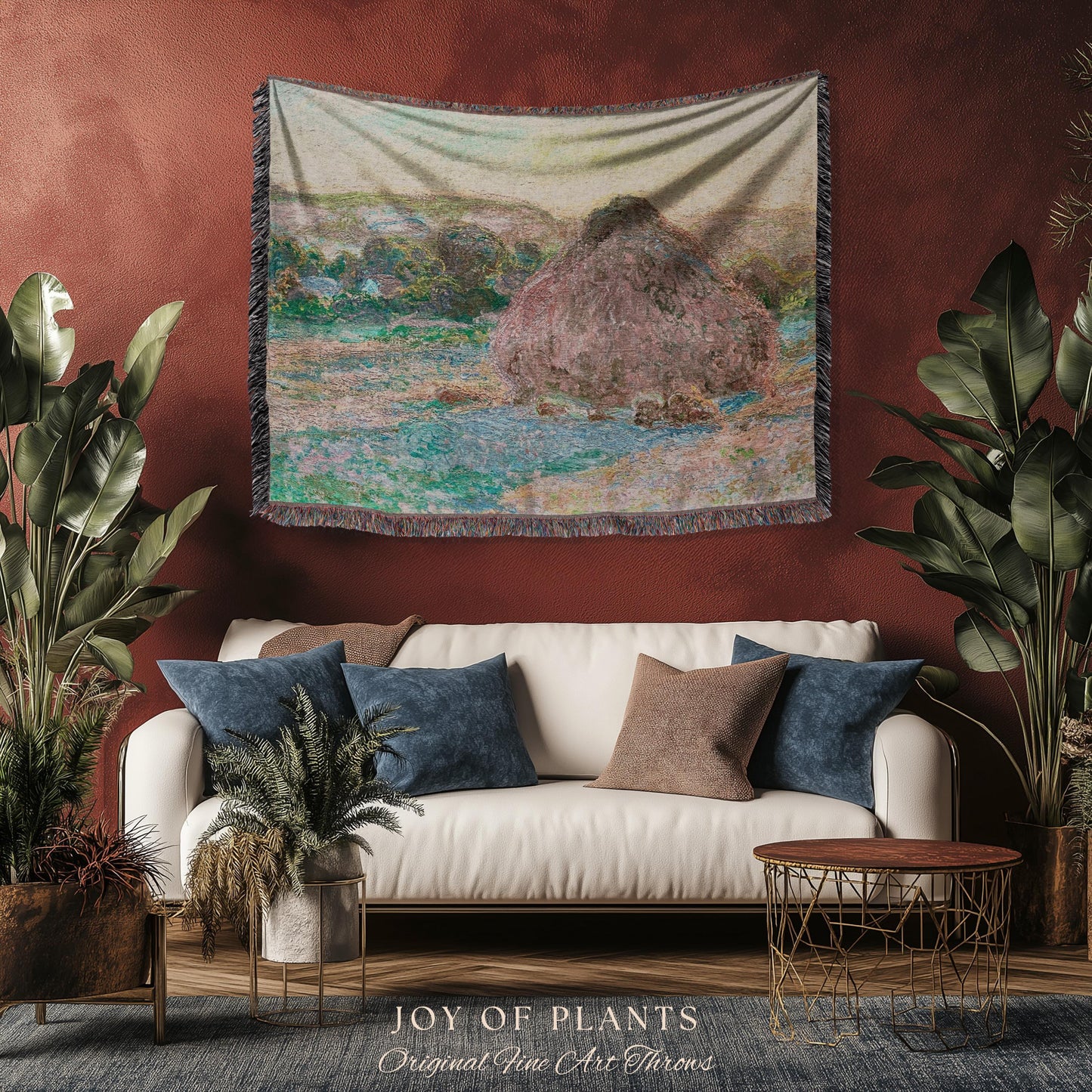 Haystacks Tapestry Monet Fine Art Blanket | Rustic Countryside Charm Muted Earth Tones Aesthetic Home Decor And Thoughtful Art Lover Gift