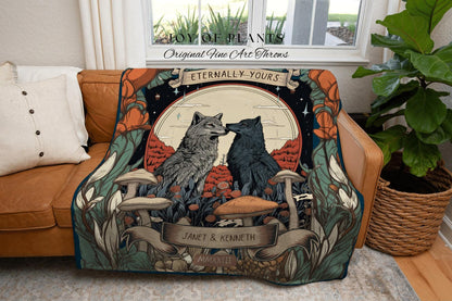 Wolf Couple Anniversary Blanket | Personalized Anniversary Gift Custom Tapestry Wolf Blanket Woodland Wedding Cottagecore Unique Couple Gift