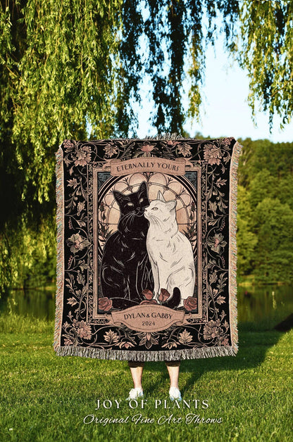 Cozy Cat Lover Couples Blanket Custom | Tarot Aesthetic Woven Throw Custom His and Hers Gift for Goths Dark Academia Personalized Tapestry