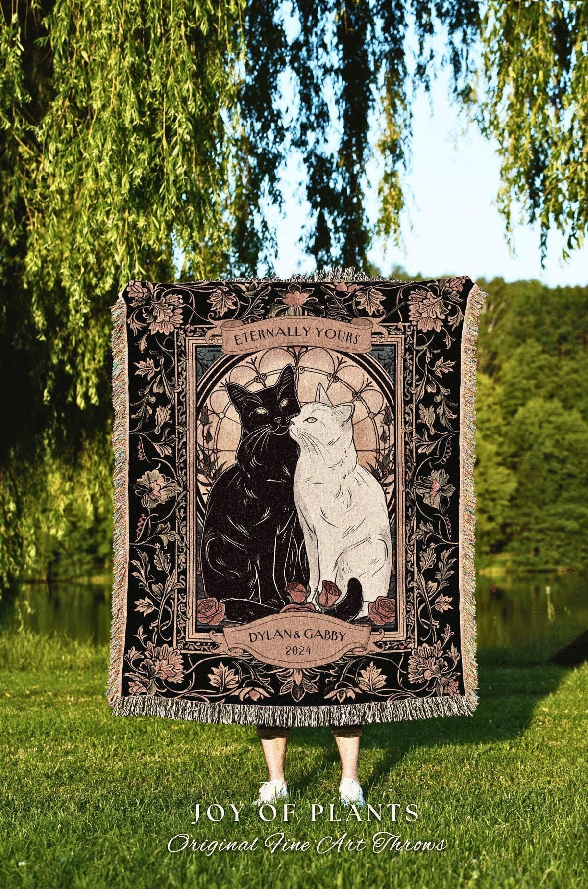 Cozy Cat Lover Couples Blanket Custom | Tarot Aesthetic Woven Throw Custom His and Hers Gift for Goths Dark Academia Personalized Tapestry