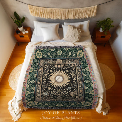 Boho Tarot Sun Coverlet Woven | Zodiac Inspired Mystical Throw Blanket Floral Whimsical Ethereal Moon and Stars Astrology Tapestry Witchy |
