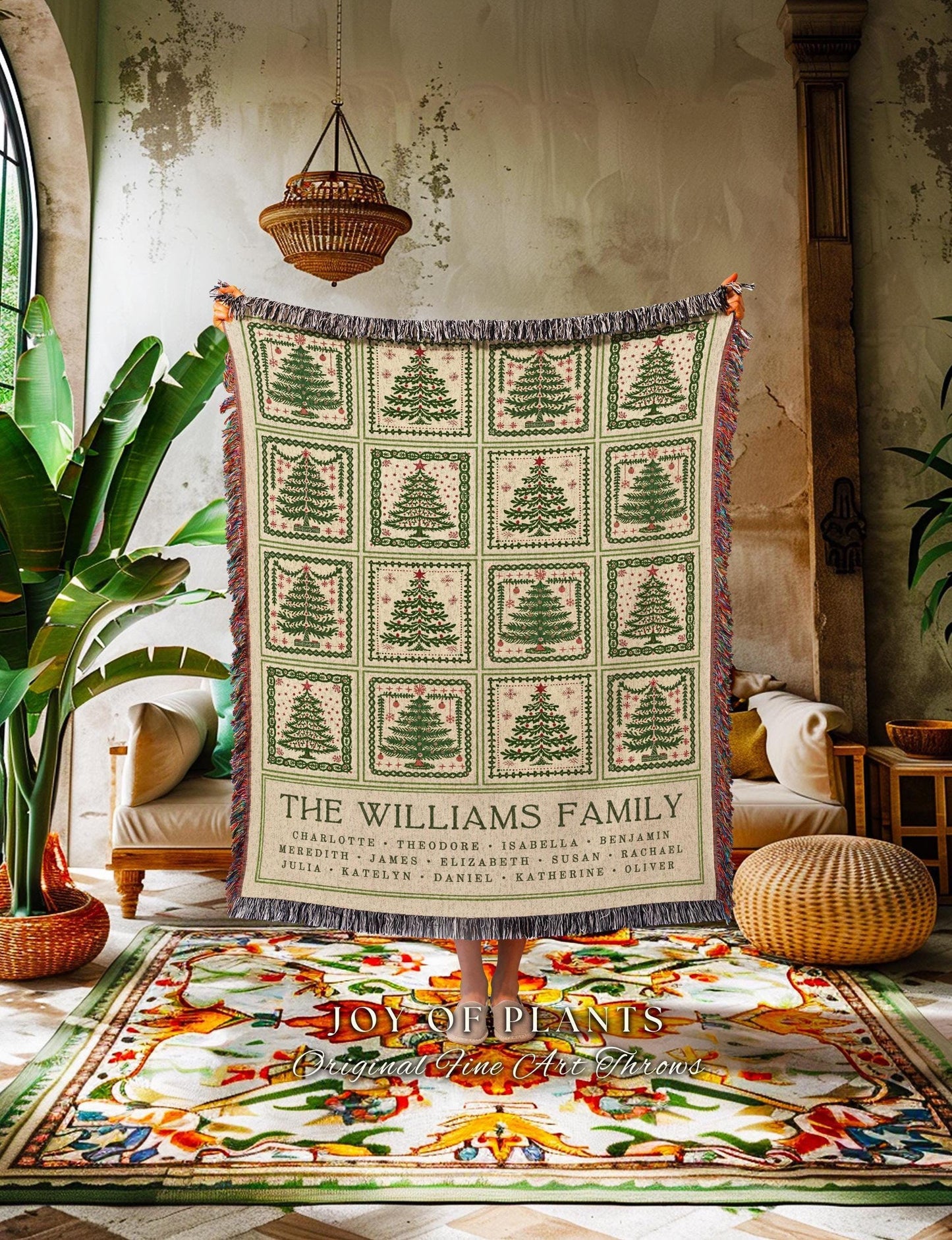 Personalized Family Tree Christmas Woven Throw Blanket | Festive Patchwork Folk Art Tapestry Wall Hanging Custom Sentimental Gift with Names