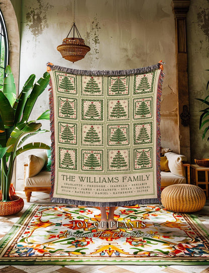 Personalized Family Tree Christmas Woven Throw Blanket | Festive Patchwork Folk Art Tapestry Wall Hanging Custom Sentimental Gift with Names