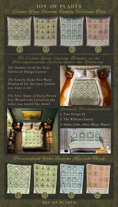 Personalized Family Tree Christmas Woven Throw Blanket | Festive Patchwork Folk Art Tapestry Wall Hanging Custom Sentimental Gift with Names