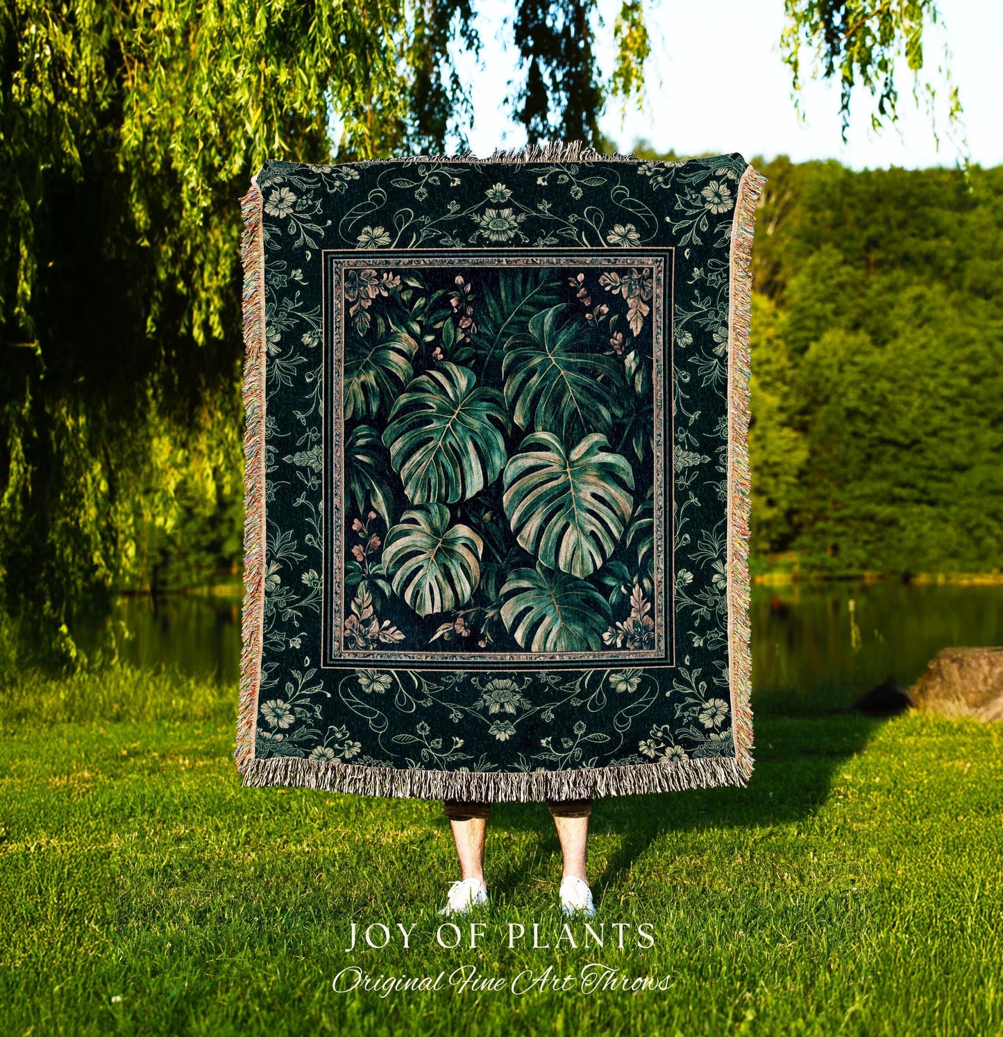 Jungle Inspired Emerald Green Coverlet | Monstera Throw Blanket Moody Bedroom Tapestry Woven Wall Art Trendy Tropigoth Room Accent Botanical