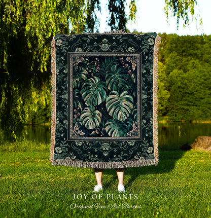 Jungle Inspired Emerald Green Coverlet | Monstera Throw Blanket Moody Bedroom Tapestry Woven Wall Art Trendy Tropigoth Room Accent Botanical