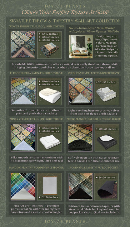 The image is a collection of various textures and materials, including true jacquet cotton, woven throw and tapestry wall art, and other decorative elements.