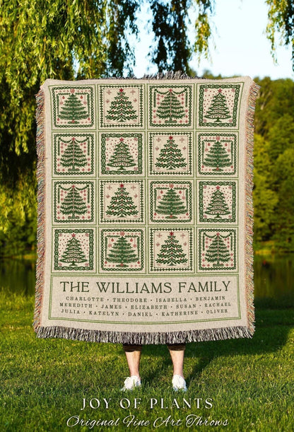 Personalized Family Tree Christmas Woven Throw Blanket | Festive Patchwork Folk Art Tapestry Wall Hanging Custom Sentimental Gift with Names