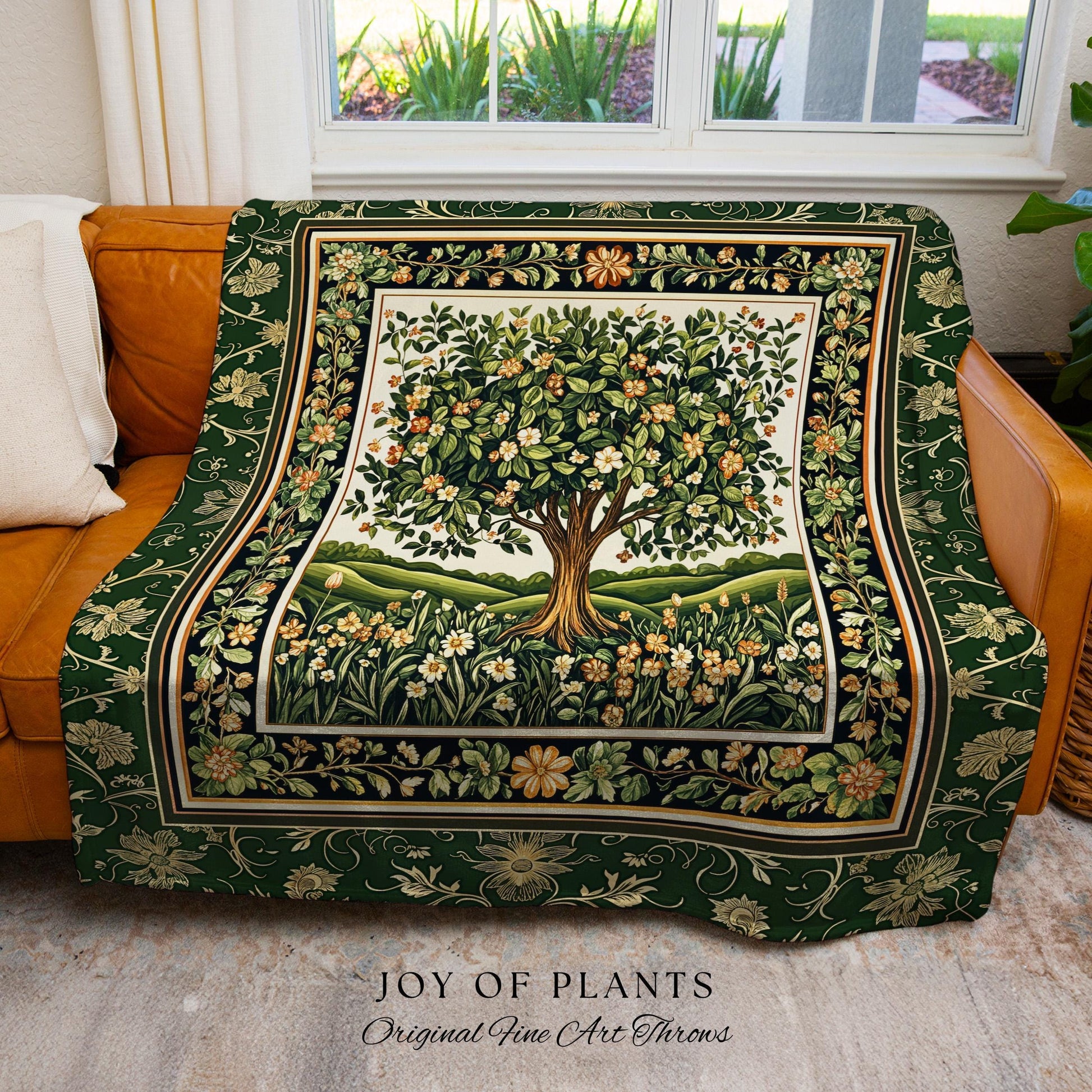 Emerald Green Floral Tree of Life Tapestry Blanket Jacquard Woven Coverlet