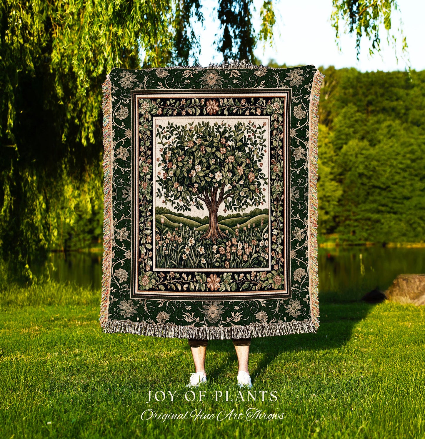 Emerald Green Floral Tree of Life Tapestry Blanket Jacquard Woven Coverlet