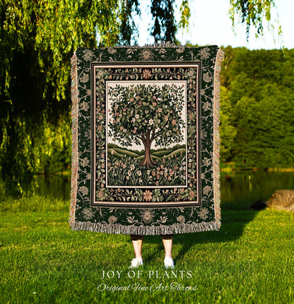 Emerald Green Floral Tree of Life Tapestry Blanket Jacquard Woven Coverlet