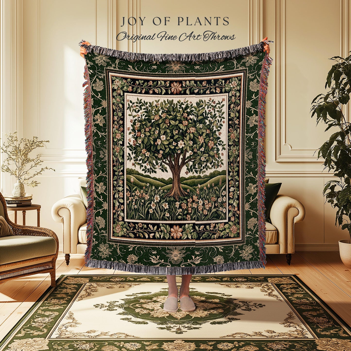 Emerald Green Floral Tree of Life Tapestry Blanket Jacquard Woven Coverlet