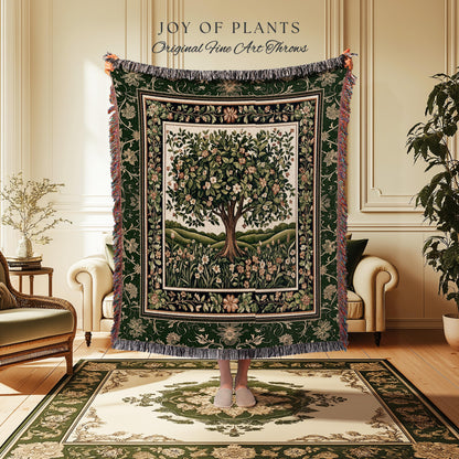 Emerald Green Floral Tree of Life Tapestry Blanket Jacquard Woven Coverlet
