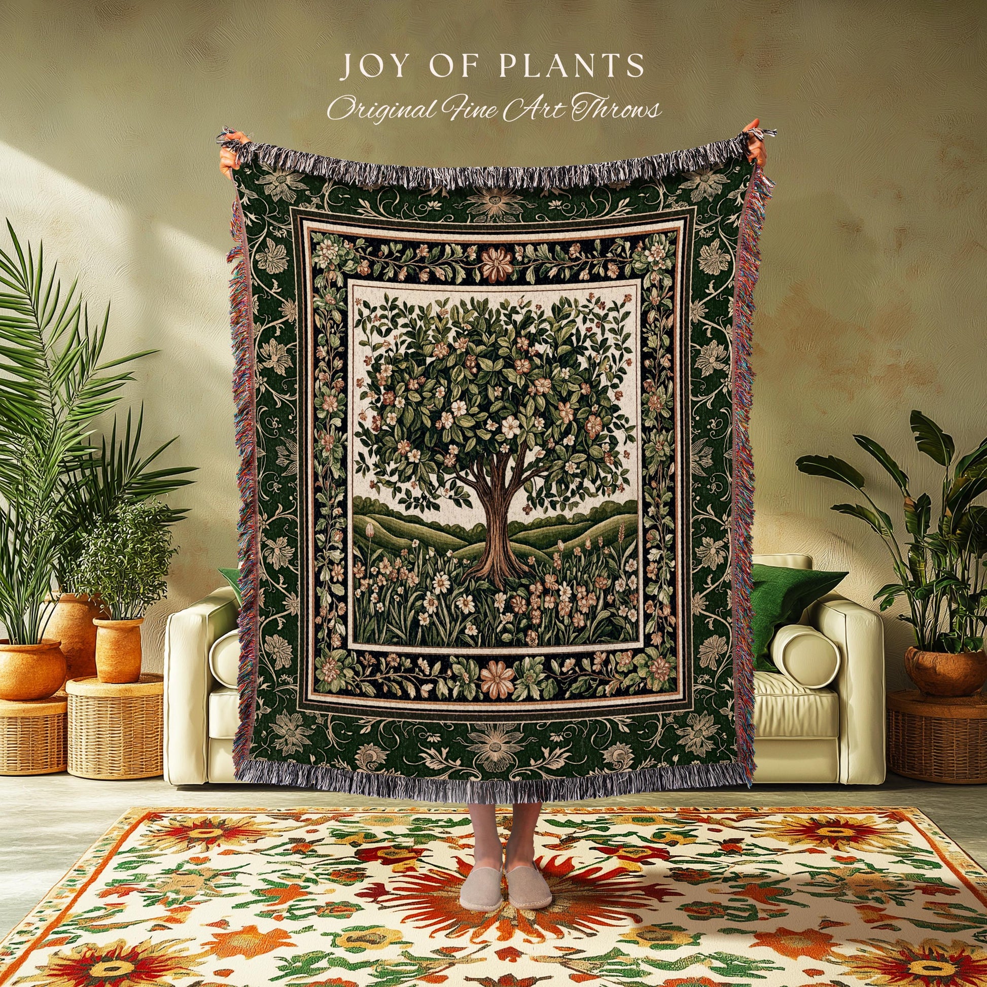 Emerald Green Floral Tree of Life Tapestry Blanket Jacquard Woven Coverlet