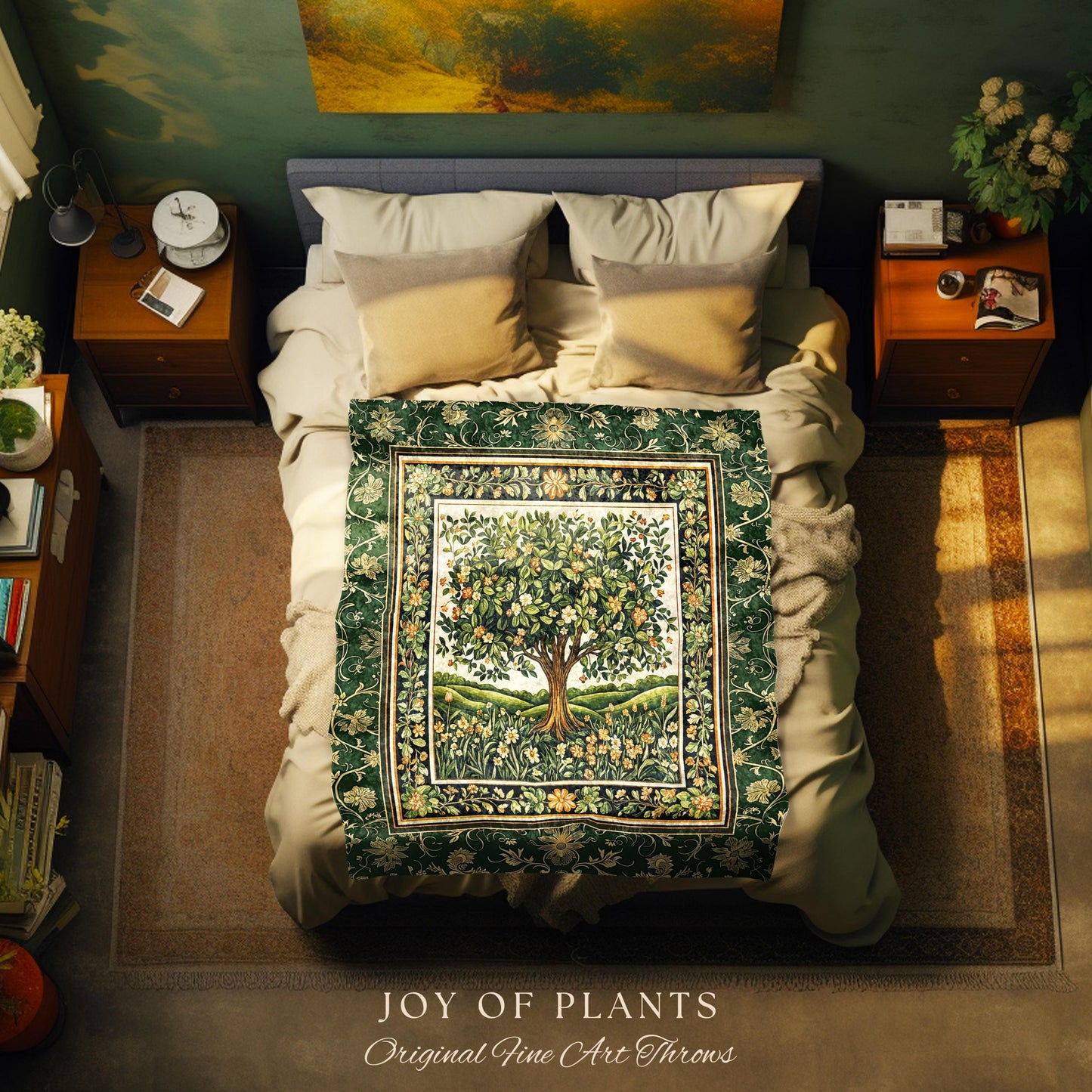 Emerald Green Floral Tree of Life Tapestry Blanket Jacquard Woven Coverlet