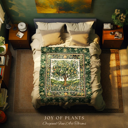 Emerald Green Floral Tree of Life Tapestry Blanket Jacquard Woven Coverlet