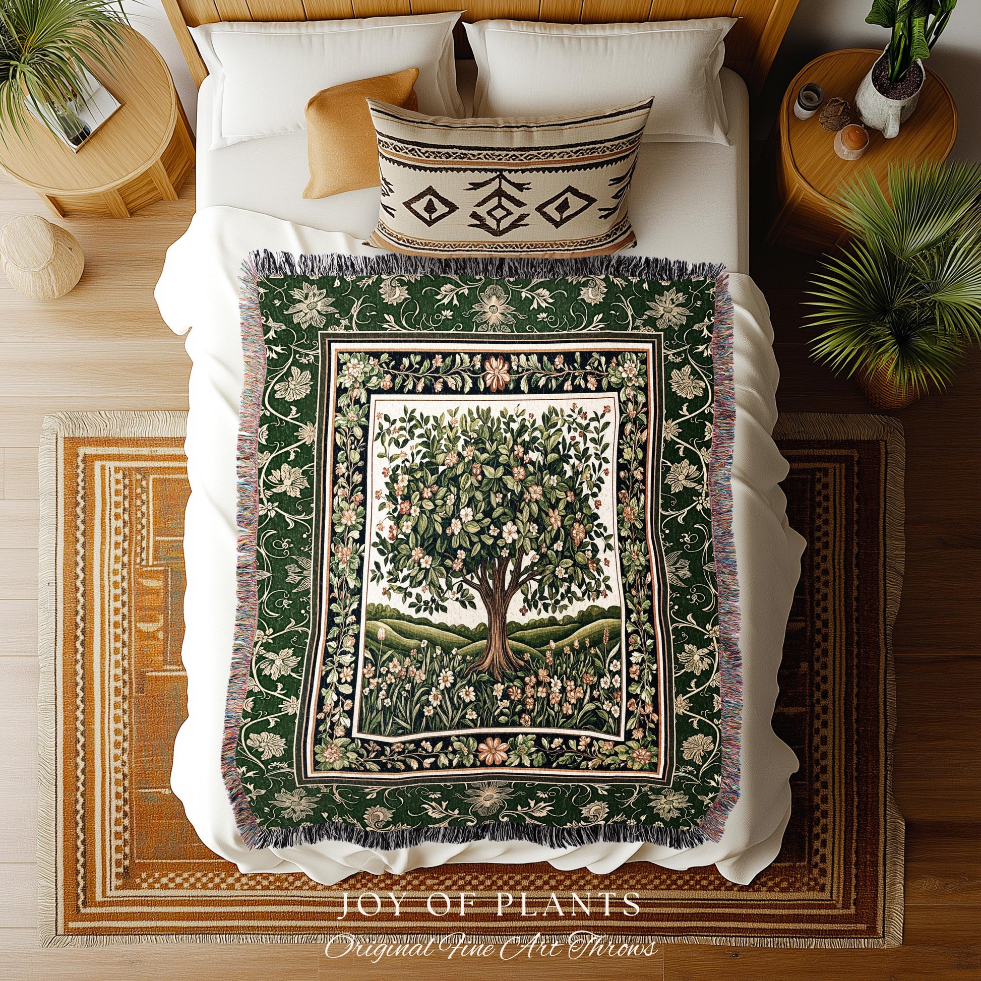 Emerald Green Floral Tree of Life Tapestry Blanket Jacquard Woven Coverlet